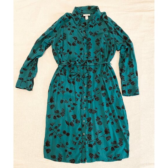 Ava & Viv Button Front Shirt Dress Women's Plus Size X Teal Black Floral Rayon - Picture 3 of 13